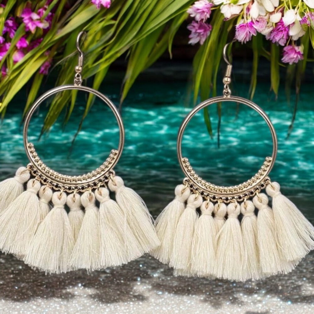 White Tassel Earrings Fringe Loop Beach Summer Earrings